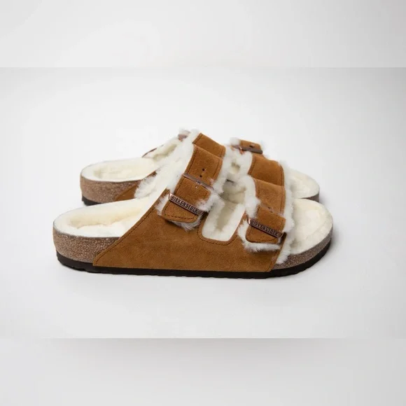 Birkenstock Arizona Shearling Mink Brown Tan Sandals 42 11 regular width. - Picture 2 of 5